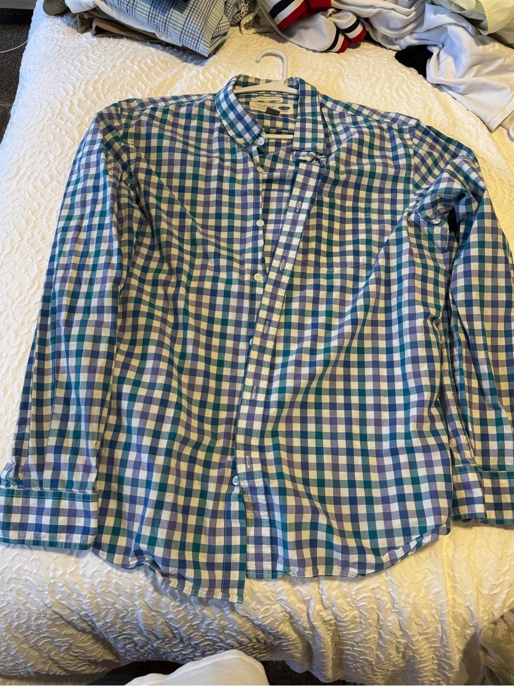 Old Navy Blue, Green and White Plaid Button-Down Shirt
